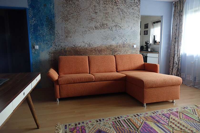 Kundenfoto - Eck-Schlafsofa Isabell mit Longchair rechts Gesamtbreite 238cm Stoffbezug Farbe orange klein