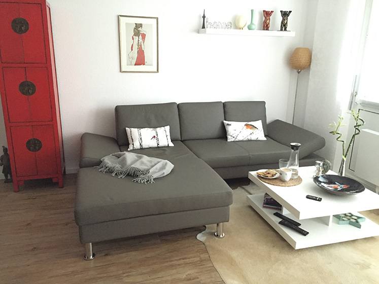 Kundin Hoberg - Sofa mit Longchair Essen Echtleder Farbe smog (grau) klein