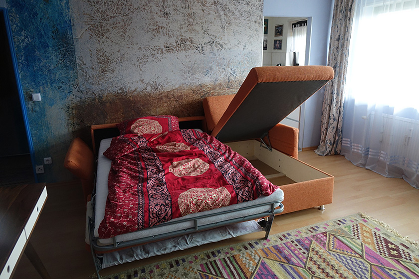 Kundenfoto - Eck-Schlafsofa Isabell mit Longchair inkl. Bettkasten Matratzenbreite 123cm Stoffbezug Farbe orange klein