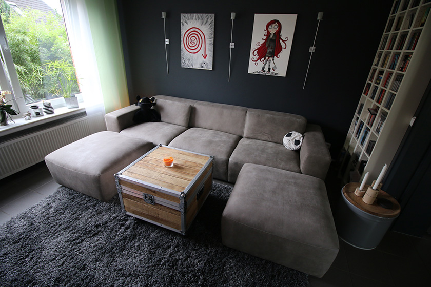 Kundenfoto Stanzel - Sofa Manchester plus Hocker im Echtleder Farbe kiesel klein